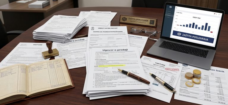 Osiguranje potraživanja – ugovori, fakture i izveštaj o kreditnom riziku na stolu, pored laptopa sa prikazom analize rizika